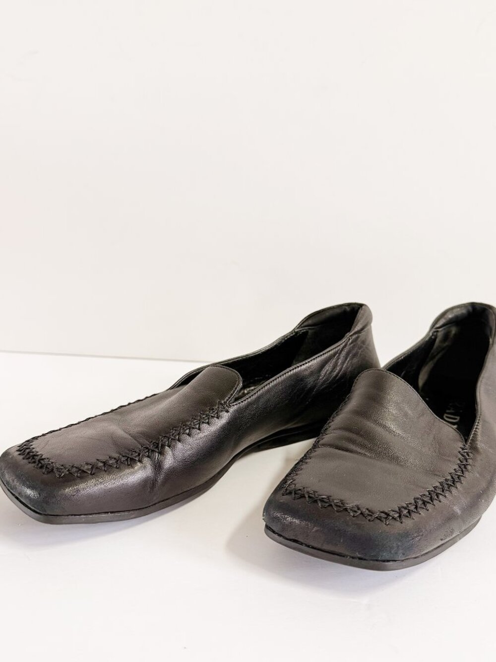 Vintage Prada Black Leather Square Toe Loafers Made in Italy 37